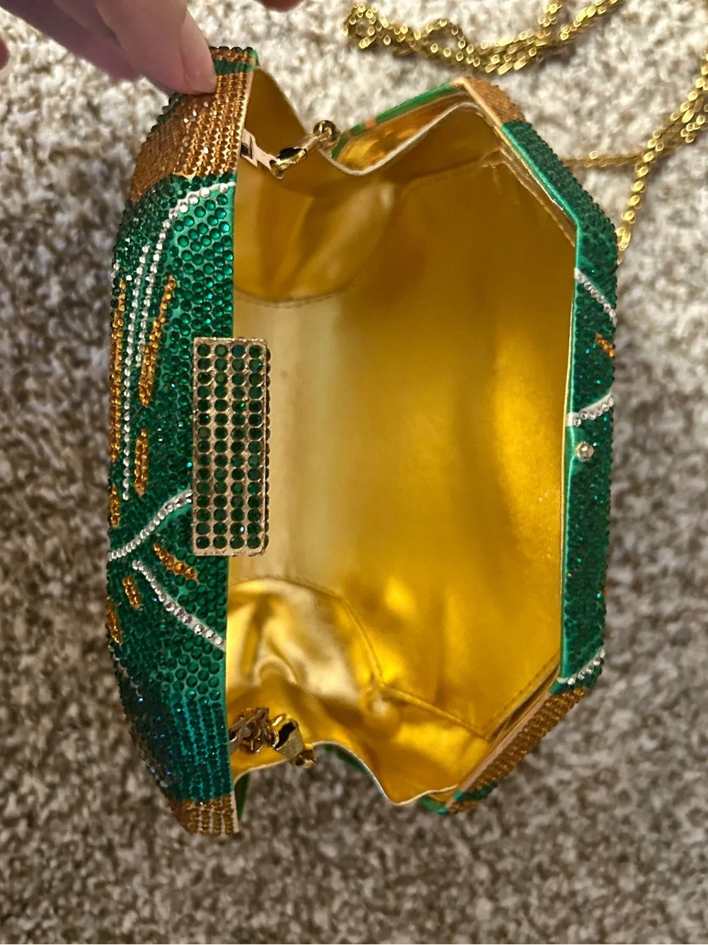 Sassy Jones Gold Beaded Octagon Crossbody with Green Leaf Motif